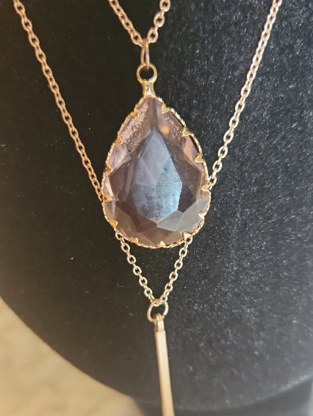 Multi Layered Gold Necklace with Rose Quartz Glass Pendant And Hanging Accent